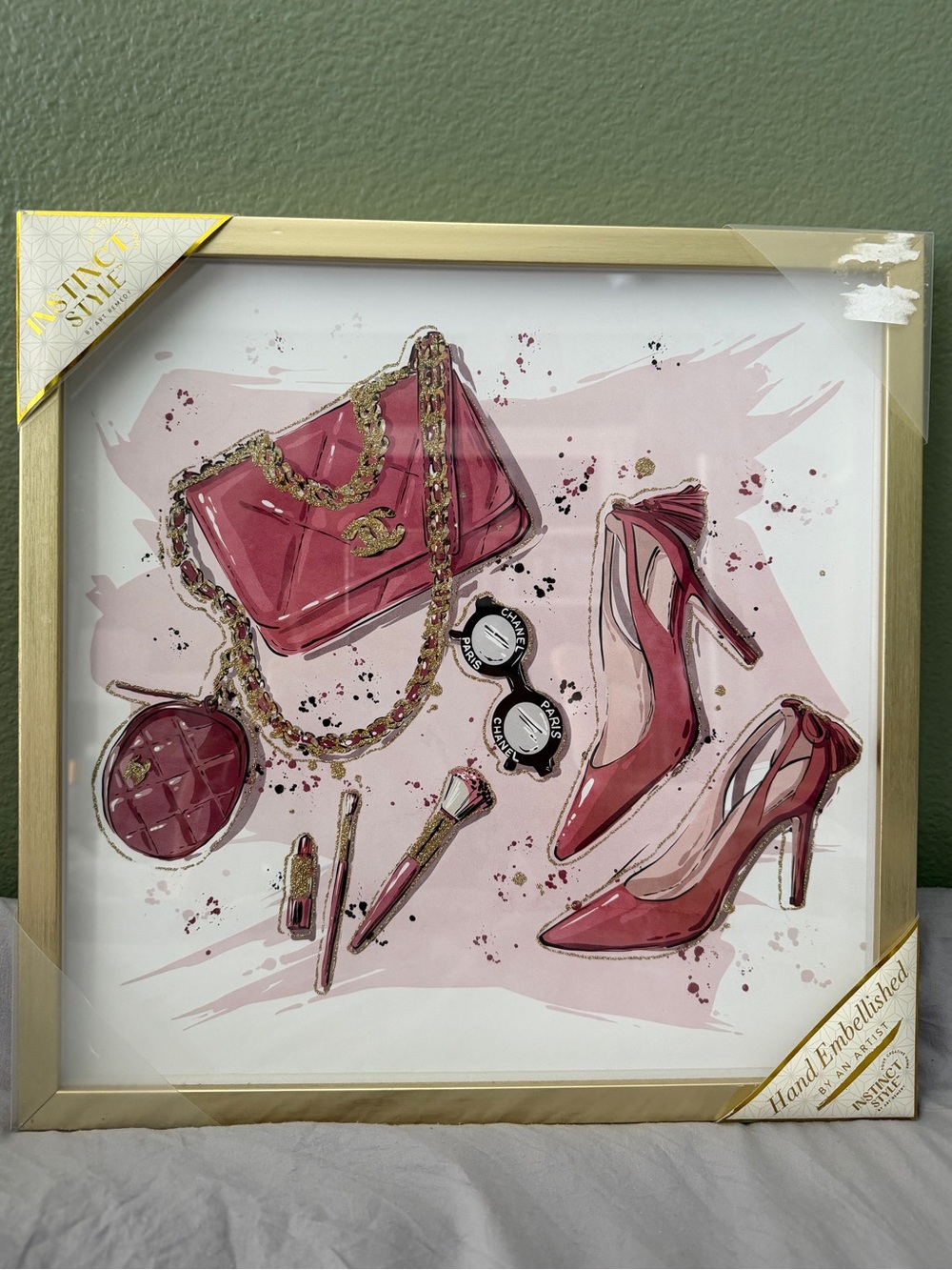 Instinct Style Pink & Gold Hand-Embellished Fashion Wall Art – NEW.